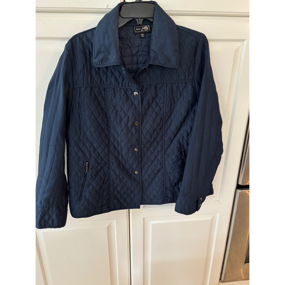 Jane Ashley‎ Quilted Navy Blue Button Up Jacket XL Pockets Full Zip Outerwear